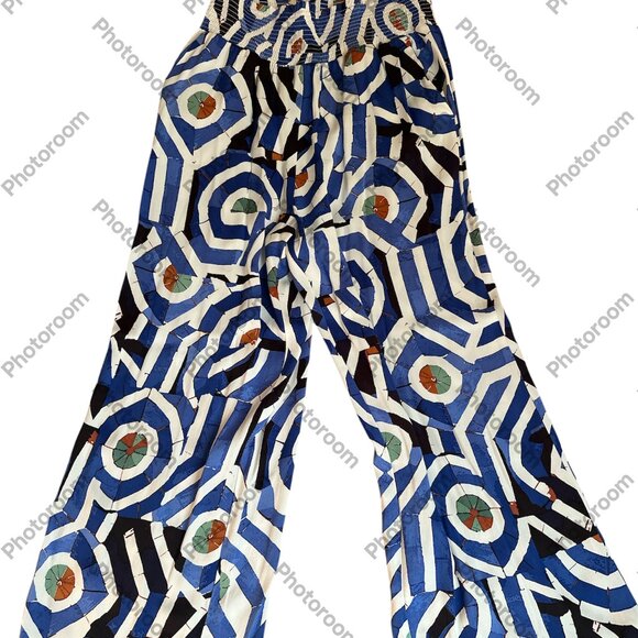 Maeve Anthropologie Blue Geo Print Saria Wide Leg Smocked Pants Small - Picture 1 of 6